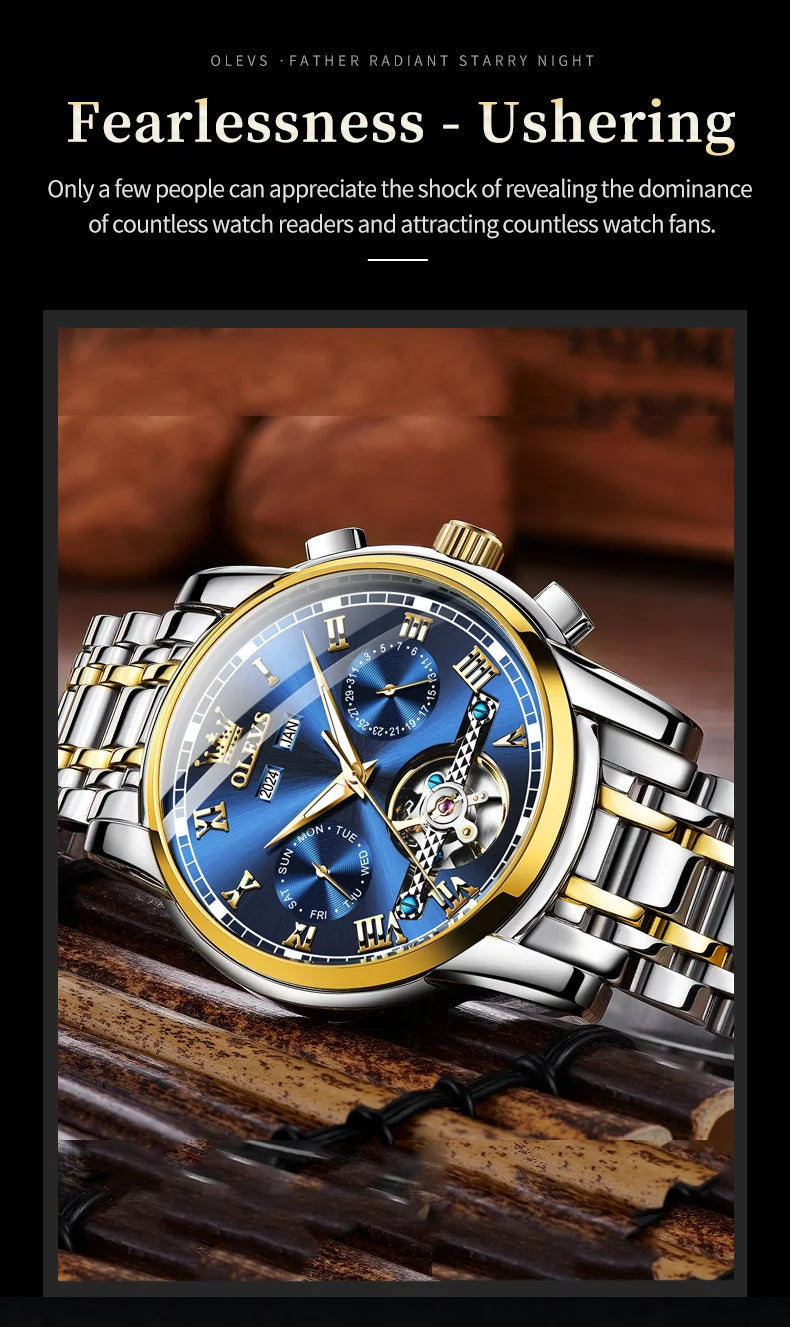 OLEVS 6607 Luxury Automatic Watch for Men Hollow Out Skeleton Men's Wristwatch Waterproof Original Mechanical Movement Watch